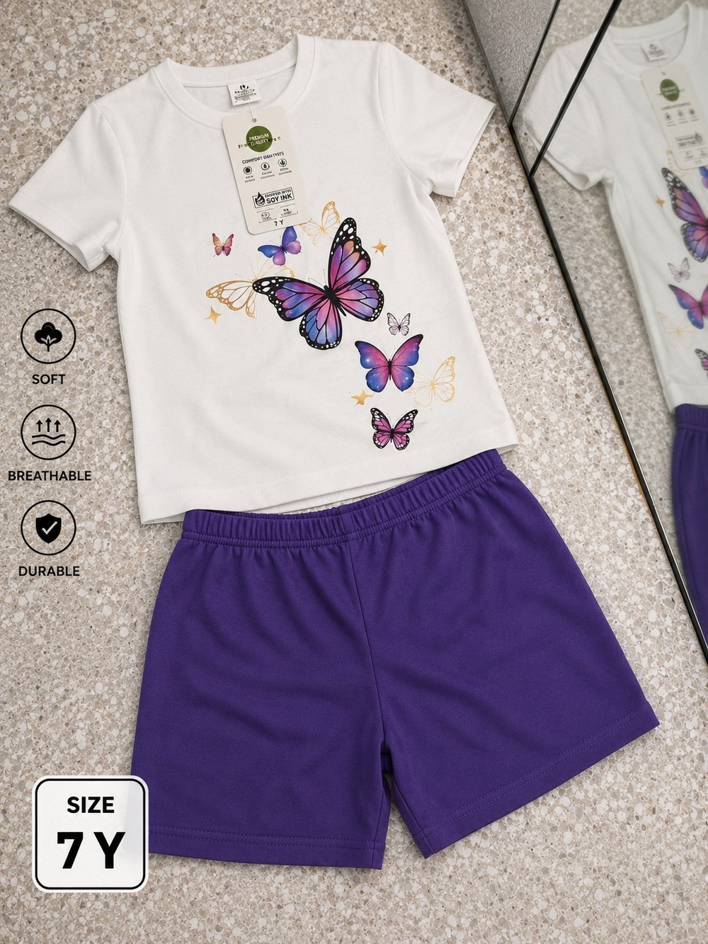 PatPat White Butterfly Graphic Tee and Purple Shorts Pajama Set